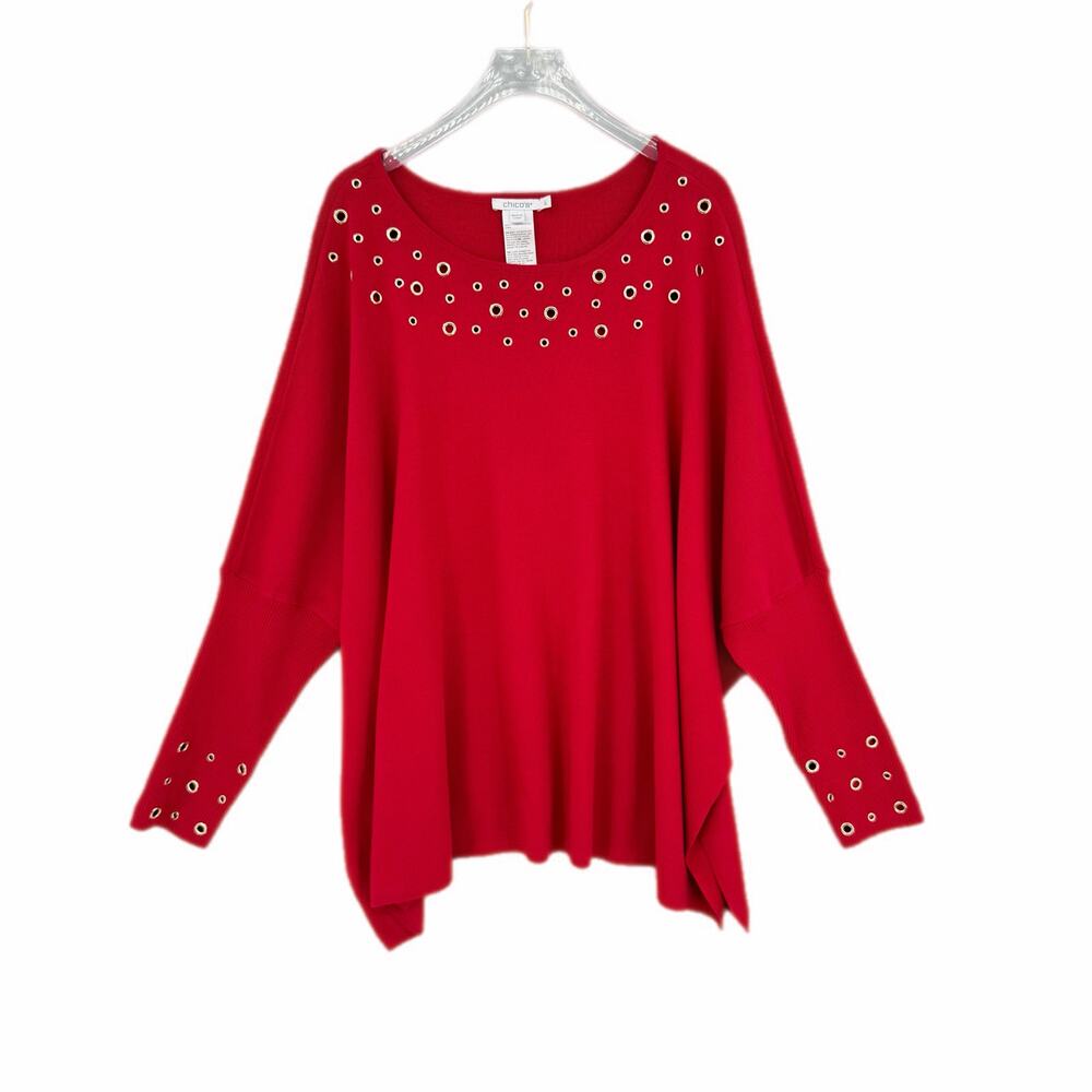 Chico’s L/XL Bright Red Knit Grommet Embellished Long Sleeve Holiday Sweater
